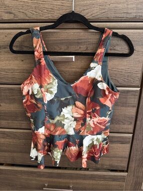 Floral Peplum Swim Top in Rust and Olive